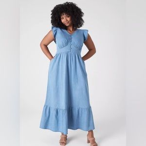 Lane Bryant Cap Flutter Sleeve V Neck Dress in Light Wash Chambray